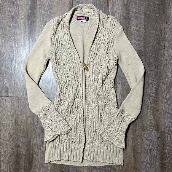 2000s Y2k Say What Tan Knit One Button Long Cardigan Sweater Womens Size Medium - Picture 1 of 5